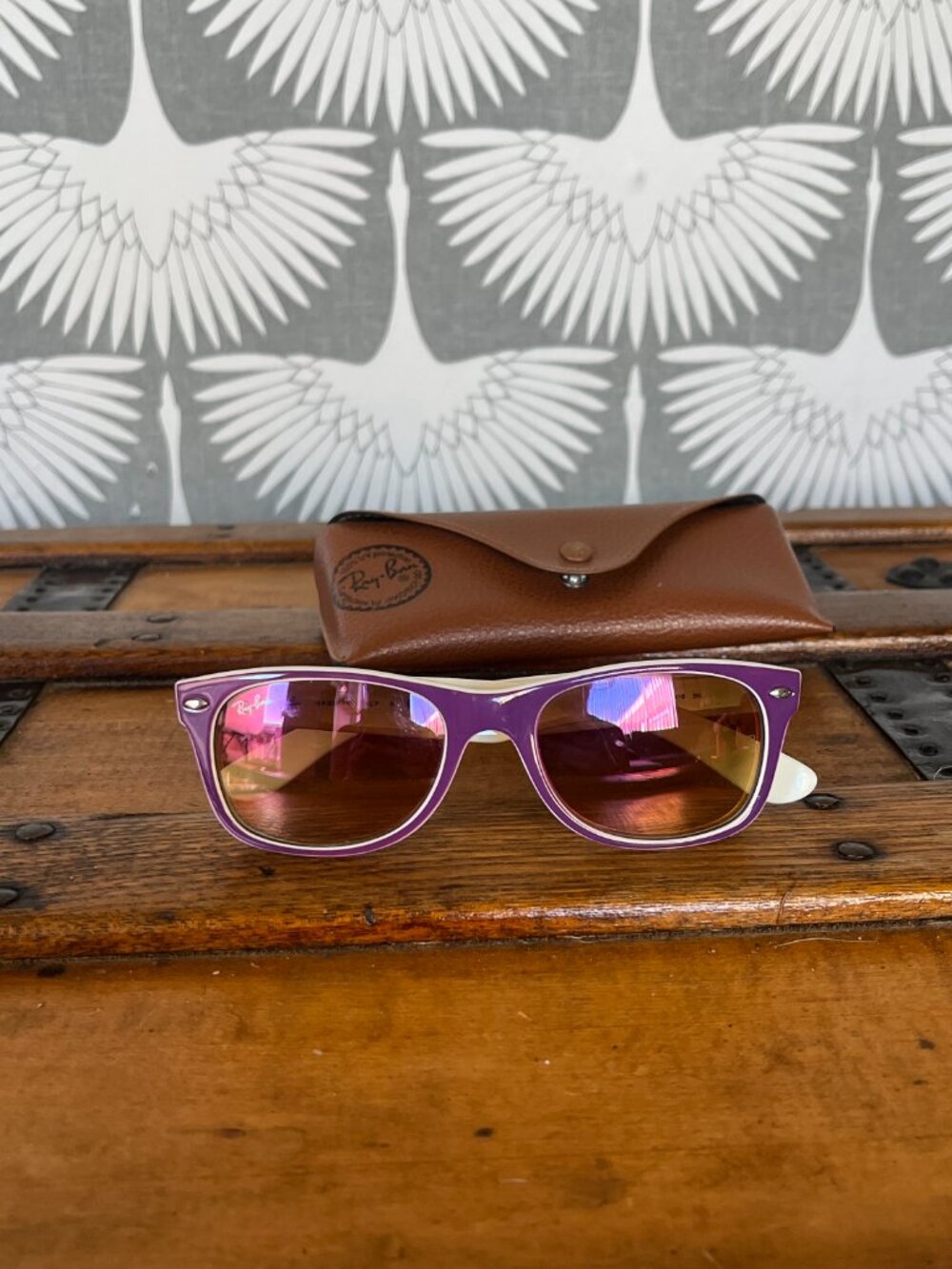 Ray Ban RB2132 New Wayfarer Purple and White and Polarized Lenses - Picture 4 of 6